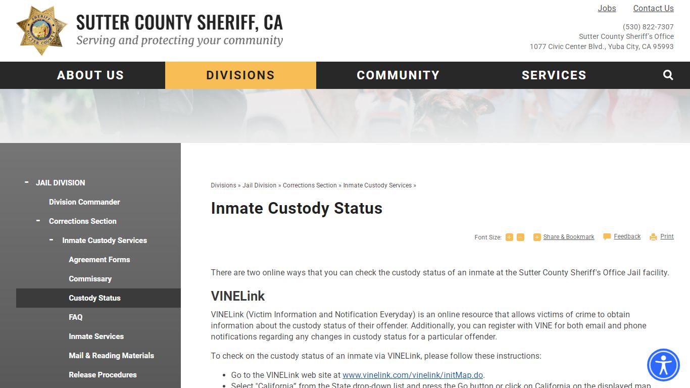 Inmate Custody Status | Sutter County Sheriff, CA